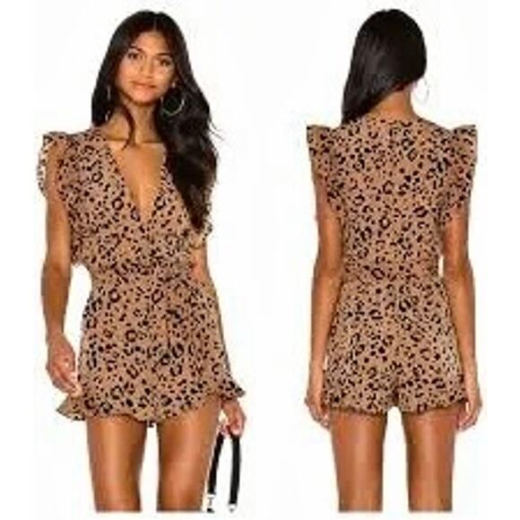 Lovers & Friends Jill Ruffled Leopard Animal Print Romper Flutter Hot Pants S